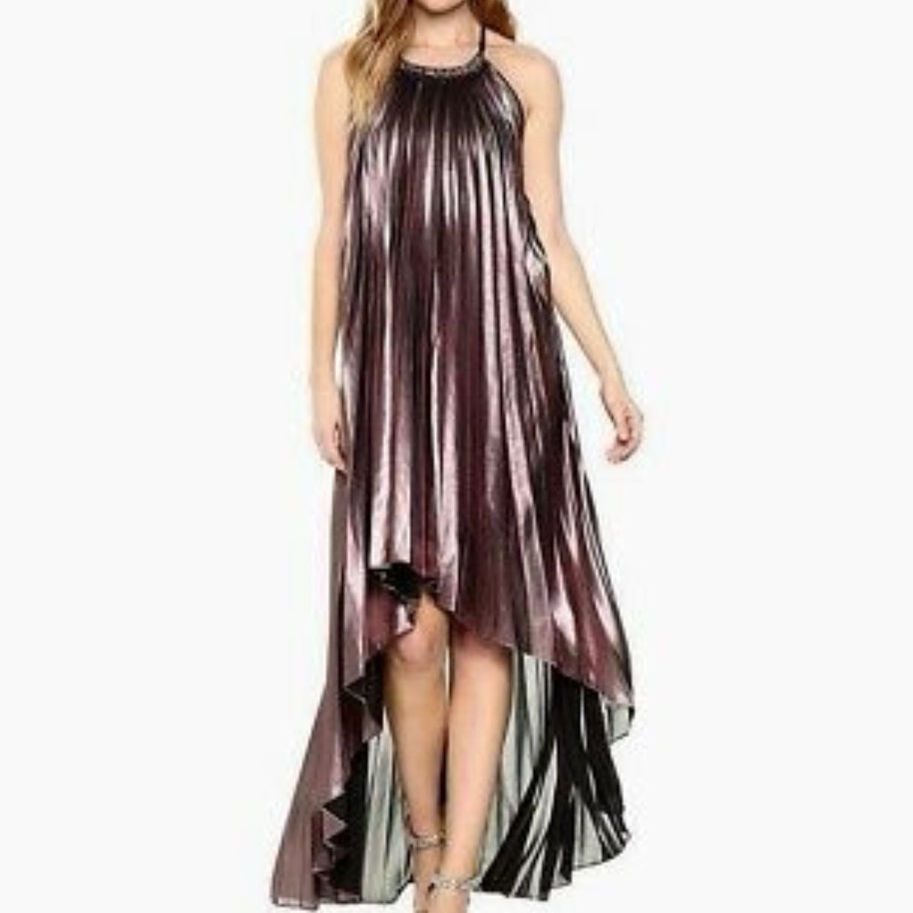 BCBG MaxAzria pleated asymmetrical halter dress